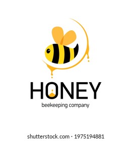 Symbol for honey producer company. Cute striped Bee. Happy cartoon abstract  bee flying. Vector illustration in flat style.