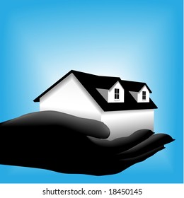 A symbol house home is in a silhouette cupped hand against a glowing blue background.
