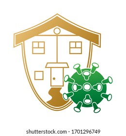 The symbol of a house stylized as a shield that protects residents from the virus. The concept is home as a defense against coronavirus infection.
