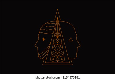 Symbol Human Heads. Pyramid dualism mystic occult illustration.