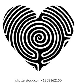 Symbol of human heart as maze or labyrinth. Black and white silhouette. Creative concept for love.