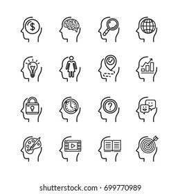 Símbolo conjunto de iconos de línea delgada de la mente humana para la inclusión de la persona de la cabeza del perfil en Web y App. Ilustración vectorial del pensamiento de diferentes mentes