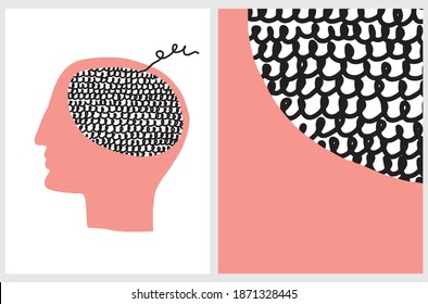 Symbol of Human Mind. Vector Illustrarion with Red Human Head with Black Woolen Brain on a White Background. Abstract Hand Drawn Geometric Layout. Mental Health Icon.
