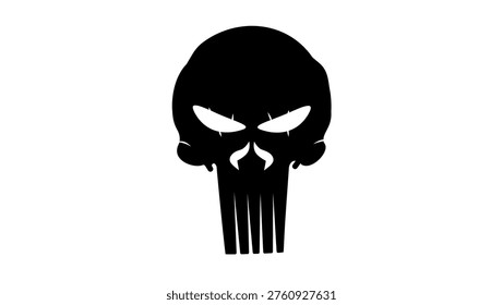 a symbol of a human skull with long teeth, black isolated silhouette