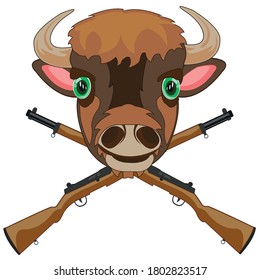 Symbol of the hunt head bison and weapon