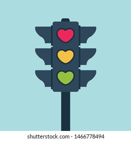 symbol icon buttons in traffic light sign creative. stop, ready, drive & go flat design. sweet cute concept hearts. valentines day greeting card. colorful isolated love street stoplight Vector cartoon