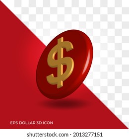 Símbolo, icono dólar sobre fondo rojo. ilustración aislada 3d