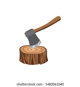 Symbol and icon of a forest stump with an ax, logging tree. Isolated cartoon vector illustration with logging, stump and ax.