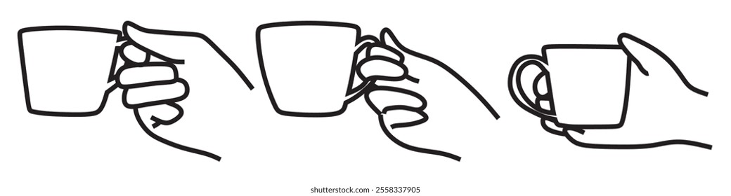 symbol, icon, logo, hand holding coffee or tea cup, black and white vector line art