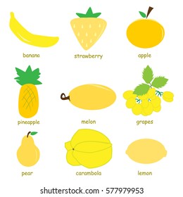 Symbol, icon, logo.Yellow fruits. Lemon, star fruit, banana, pineapple, strawberry, grapes, melon, pear.