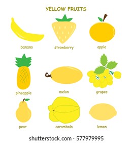 Symbol, icon, logo.Yellow fruits. Lemon, star fruit, banana, pineapple, strawberry, grapes, melon, pear.
