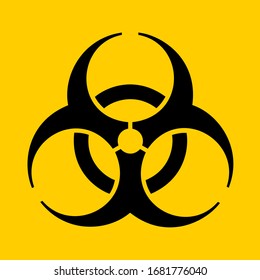 Symbol, icon and pictogram of biohazard and biological hazard. Dangerous virus, bacterium and infection. Vector illustration on yellow plain background.