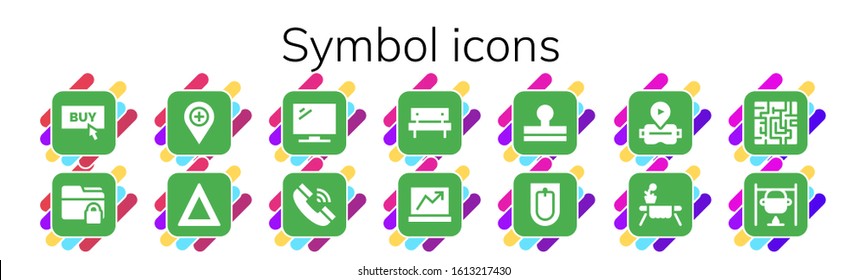 symbol icon set. 14 filled symbol icons. Included Buy, Folder, Placeholder, Fire, Television, Telephone, Picnic, Laptop, Stamp, Bidet, Virtual reality, Table, Maze, Bonfire icons