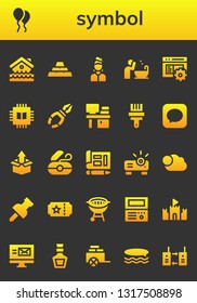 symbol icon set. 26 filled symbol icons.  Collection Of - Disaster, Balloon, Ingots, Artist, Basin, Code, Chip, Pliers, Desk, Paint brush, Message, Package, Dental floss, Blueprint