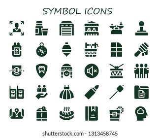 symbol icon set. 30 filled symbol icons.  Collection Of - Decision making, Diary product, Garage, Grocery, Scale, Stamp, Blood, Compass, Spinning top, Water well, Chocolate, Honey