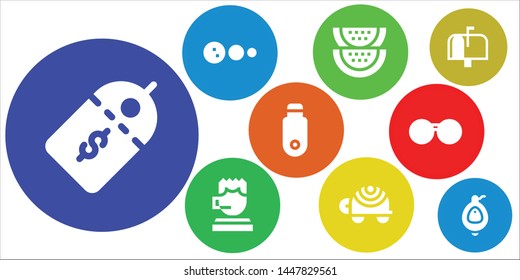 symbol icon set. 9 filled symbol icons.  Collection Of - Price label, Solar system, Watermelon, Call center, Turtle, Pendrive, Sunglasses, Mailbox, Urinal