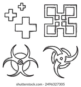 Conjunto de iconos de símbolos, trazos de pincel sobre un fondo blanco. Ilustración vectorial.