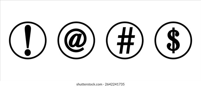 Symbol Icon Set – Exclamation, At, Hashtag, and Dollar Sign in Circle