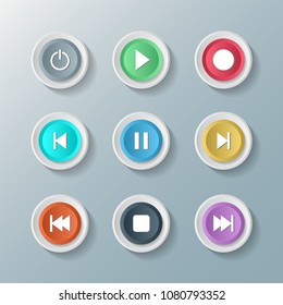 symbol icon set media player control white round buttons. vector illustrator