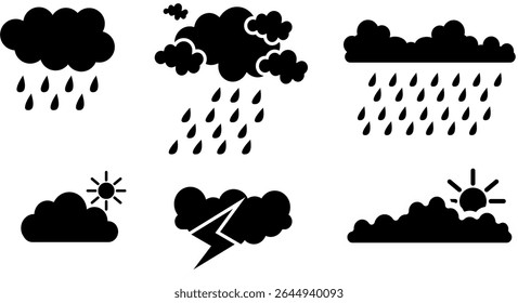 SYMBOL ICON SET RAIN CLOUDS, LIGHTNING, SUN BLACK VECTOR ABSTRACT