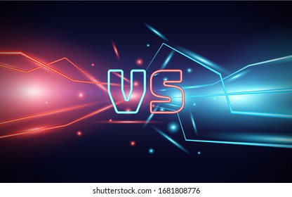 Symbol of icon versus illustration background. Abstract glowing concept with neon light. Vector design template can use element game genre battle, sport, challenge, duel, or choice team in match