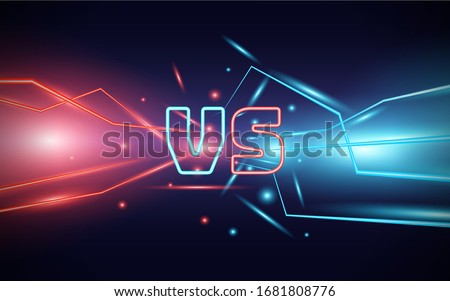 Symbol of icon versus illustration background. Abstract glowing concept with neon light. Vector design template can use element game genre battle, sport, challenge, duel, or choice team in match