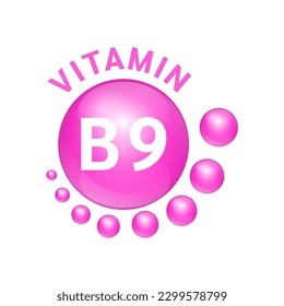 Symbol Icon Vitamin B9 pink substance. Vector Illustration 3D. realistic design, small circle around. Isolated on white background. Personal care, beauty concept. Medicine health symbol of thiamine.