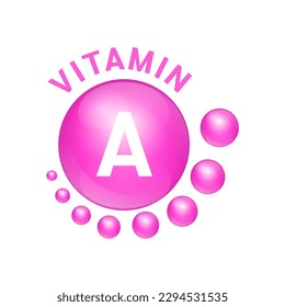 Symbol Icon Vitamin A pink substance . Vector Illustration 3D. realistic design, small circle around. Isolated on white background. Personal care, beauty concept. Medicine health symbol of thiamine.