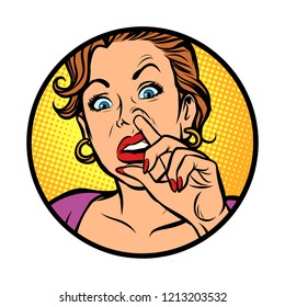 Symbol icon. Woman picking nose. Comic cartoon pop art retro vector illustration drawing