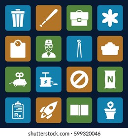 symbol icons set. Set of 16 symbol filled icons such as mouse toy, flower, pliers, flower pot, bag with ground, doctor, clipboard, camera lense, book, baseball bat, rocket