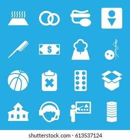 Symbol icons set. set of 16 symbol filled icons such as building, business centre, comb, needle button, Male WC, pill, box, pin microphone, operator, engagement rings, tree