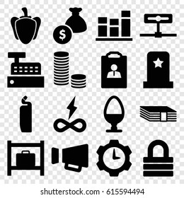 Symbol icons set. set of 16 symbol filled icons such as luggage storage, cleanser, lock, pepper, megaphone, chart, egg, gear clock, headstone, resume, building, money bag