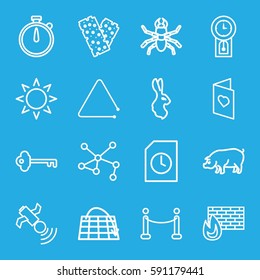 symbol icons set. Set of 16 symbol outline icons such as pig, rabbit, beetle, sun, bandage, connection, satellite, triangle musical instrument, love card, red carpet, key