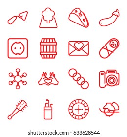 Symbol icons set. set of 16 symbol outline icons such as barrel, roulette, trowel, electric saw, taco, aubergine, love letter, heart tag, tree, plug socket, chain, mace
