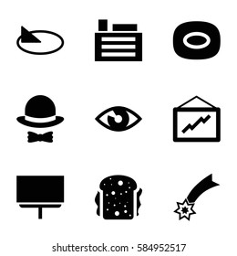 symbol icons set. Set of 9 symbol filled icons such as soap, board, graph, sandwich, building, hat and bow, sundial, eye