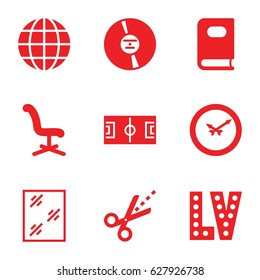Symbol icons set. set of 9 symbol filled icons such as book, Vegas, window, office chair, scissors, CD, wall clock, globe