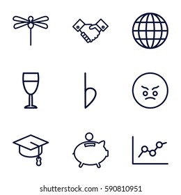 symbol icons set. Set of 9 symbol outline icons such as bemol, handshake, wine glass, piggy bank, dragonfly, angry emot, arrows up, chart