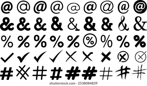 Iconos de símbolos y signos colección de Vector con ampersands, at symbols, percentage, checkmarks y hashtags para Diseño gráfico, tipografía y proyectos de redes sociales