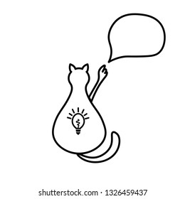 Symbol of ideas and thoughts. Cat with a light bulb in a black circuit