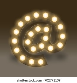 Symbol Incandescent light bulb box set At sign, illustration retro 3D style isolated glow in dark background