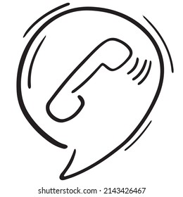 symbol, incoming call notification, handset in the cloud of dialogue, vector isolated element in doodle style, black outline, white background, business doodles