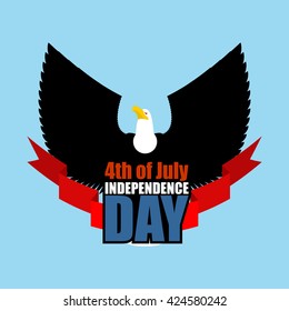 Symbol of Independence Day of America flying eagle. Bird predator with wings and red ribbon. National holiday in USA on July 4
