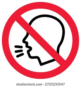 Symbol indicating no talking or speaking allowed with a stylized profile of a head and sound waves shown isolated on transparent background
