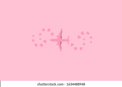 The symbol of infinity. Aircraft surrounded by hearts. Flat simple pink design. Love of travel. 