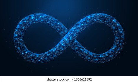 Symbol of infinity. Low-poly construction of concatenated lines and dots. Blue background.