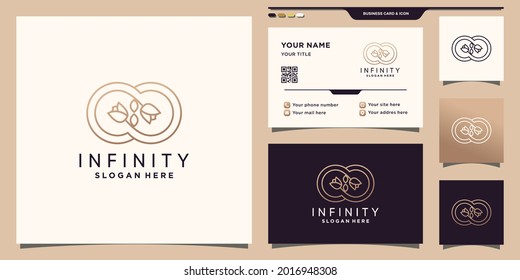 Symbol der Unendlichkeit und des Rosenblumenlogos mit Linien- und Visitenkartendesign Premium Vector