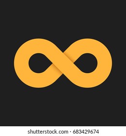 The symbol of infinity of yellow color is isolated on a black background. Flat 3d style. Soft shadows. The eternal way. Vector illustration
