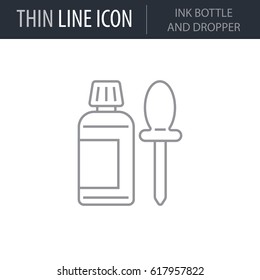 Symbol of Ink Bottle And Dropper. Thin line Icon of College. Stroke Pictogram Graphic for Web Design. Quality Outline Vector Symbol Concept. Premium Mono Linear Beautiful Plain Laconic Logo
