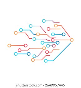 símbolo de pontos e linhas interconectados, rede ou circuito, cores mais brilhantes e mais energéticas. dinamismo, conectividade e fluxo de dados no mundo da tecnologia