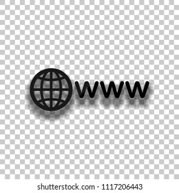 symbol of internet with globe and www. Black glass icon with soft shadow on transparent background